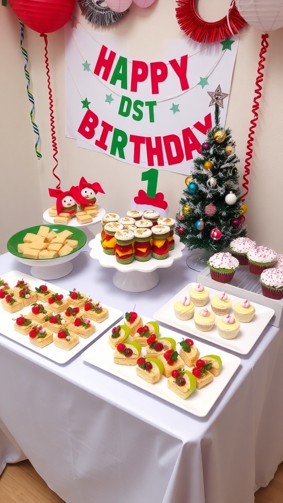 A vibrant birthday party table with festive food for a first birthday celebration during Christmas.